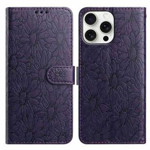 For iPhone 15 Pro Daisy Embossed Leather Phone Case(Dark Purple)
