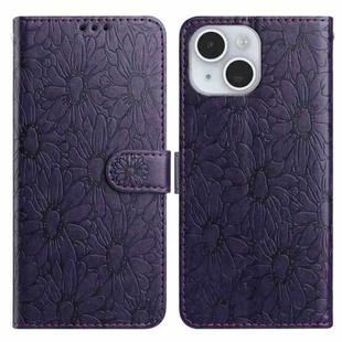 For iPhone 15 Plus Daisy Embossed Leather Phone Case(Dark Purple)