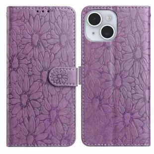 For iPhone 14 Daisy Embossed Leather Phone Case(Light Purple)