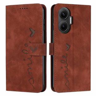 For Xiaomi Poco F7 Skin Feel Heart Embossed Leather Phone Case with Long Lanyard(Brown)