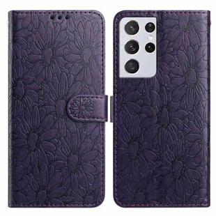 For Samsung Galaxy S21 Ultra 5G Daisy Embossed Leather Phone Case(Dark Purple)