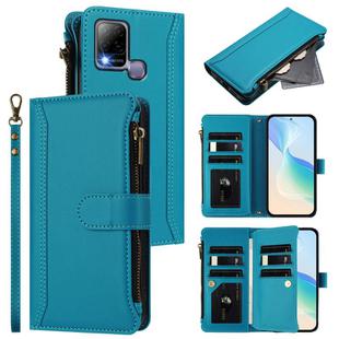 For Infinix Hot 10T / 10s Magnetic Closure 9 Card Slots Zipper Leather Case with Hand Strap(Turquoise)
