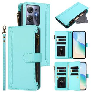 For Infinix Hot 30 5G Magnetic Closure 9 Card Slots Zipper Leather Case with Hand Strap(Mint Green)