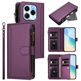 For Infinix Note 40X 5G Magnetic Closure 9 Card Slots Zipper Leather Case with Hand Strap(Purple)