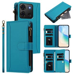 For Infinix Smart 7 Plus / 7 HD Magnetic Closure 9 Card Slots Zipper Leather Case with Hand Strap(Turquoise)