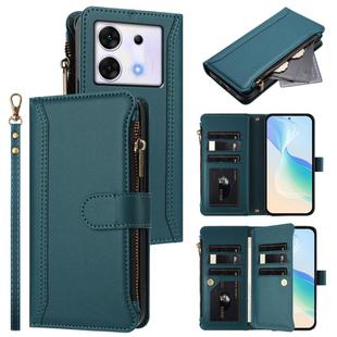 For Infinix Zero 30 5G Magnetic Closure 9 Card Slots Zipper Leather Case with Hand Strap(Dark Green)