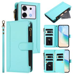 For Infinix Zero 30 5G Magnetic Closure 9 Card Slots Zipper Leather Case with Hand Strap(Mint Green)