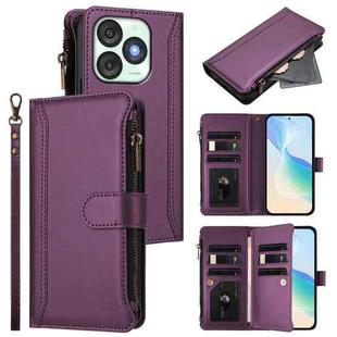 For itel A50 Magnetic Closure 9 Card Slots Zipper Leather Case with Hand Strap(Purple)