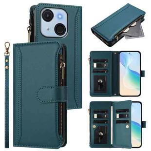 For itel A50C Magnetic Closure 9 Card Slots Zipper Leather Case with Hand Strap(Dark Green)