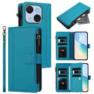 For itel A50C Magnetic Closure 9 Card Slots Zipper Leather Case with Hand Strap(Turquoise)