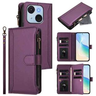 For itel A50C Magnetic Closure 9 Card Slots Zipper Leather Case with Hand Strap(Purple)