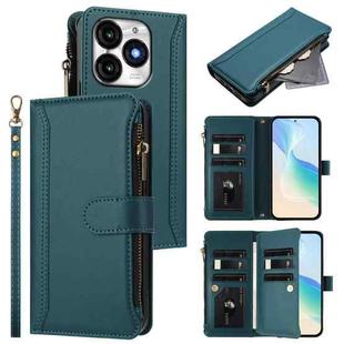 For itel A70 Magnetic Closure 9 Card Slots Zipper Leather Case with Hand Strap(Dark Green)