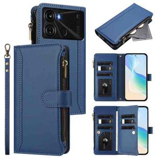 For itel P40 Magnetic Closure 9 Card Slots Zipper Leather Case with Hand Strap(Dark Blue)