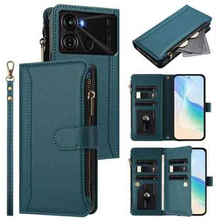 For itel P40 Magnetic Closure 9 Card Slots Zipper Leather Case with Hand Strap(Dark Green)
