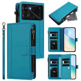 For itel P40 Magnetic Closure 9 Card Slots Zipper Leather Case with Hand Strap(Turquoise)