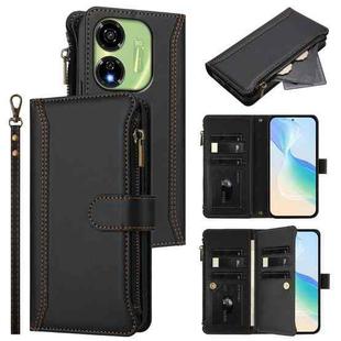 For itel P55 5G Magnetic Closure 9 Card Slots Zipper Leather Case with Hand Strap(Black)