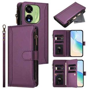 For itel P55 5G Magnetic Closure 9 Card Slots Zipper Leather Case with Hand Strap(Purple)