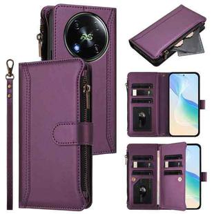 For itel RS4 Magnetic Closure 9 Card Slots Zipper Leather Case with Hand Strap(Purple)