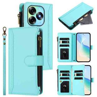 For itel S23+ Magnetic Closure 9 Card Slots Zipper Leather Case with Hand Strap(Mint Green)