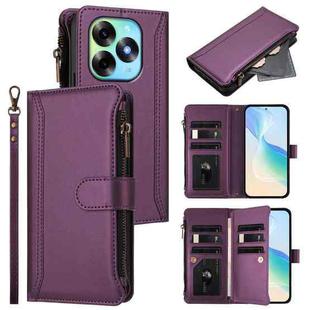 For itel S23+ Magnetic Closure 9 Card Slots Zipper Leather Case with Hand Strap(Purple)