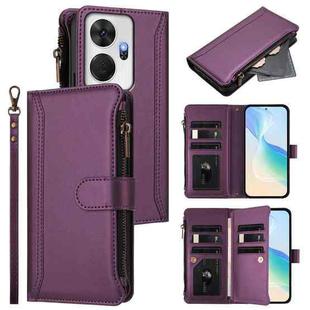 For itel P55+ Magnetic Closure 9 Card Slots Zipper Leather Case with Hand Strap(Purple)