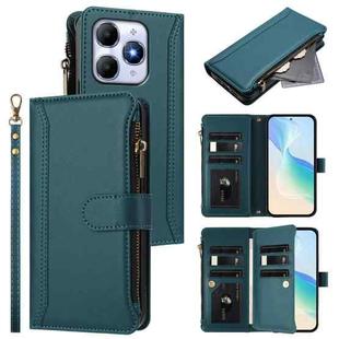 For itel A90 4G Magnetic Closure 9 Card Slots Zipper Leather Case with Hand Strap(Dark Green)