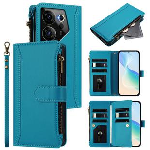 For Tecno Camon 20 Premier 5G Magnetic Closure 9 Card Slots Zipper Leather Case with Hand Strap(Turquoise)