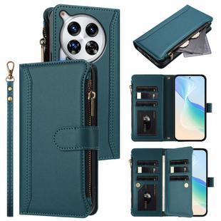 For Tecno Camon 30 Premier Magnetic Closure 9 Card Slots Zipper Leather Case with Hand Strap(Dark Green)