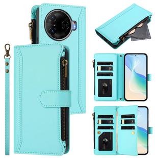 For Tecno Camon 30 Pro 5G Magnetic Closure 9 Card Slots Zipper Leather Case with Hand Strap(Mint Green)