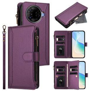 For Tecno Camon 30 Pro 5G Magnetic Closure 9 Card Slots Zipper Leather Case with Hand Strap(Purple)