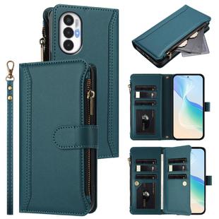 For Tecno Pova 3 Magnetic Closure 9 Card Slots Zipper Leather Case with Hand Strap(Dark Green)