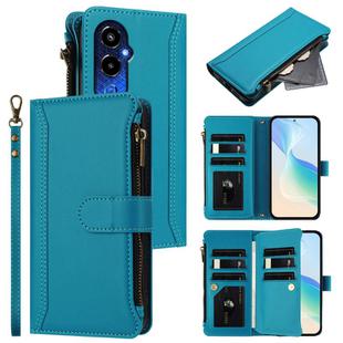 For Tecno Pova 4 Pro Magnetic Closure 9 Card Slots Zipper Leather Case with Hand Strap(Turquoise)