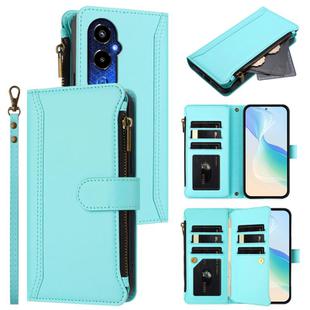 For Tecno Pova 4 Pro Magnetic Closure 9 Card Slots Zipper Leather Case with Hand Strap(Mint Green)
