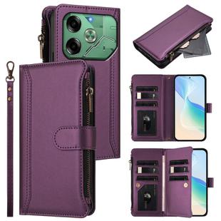 For Tecno Pova 6 4G Magnetic Closure 9 Card Slots Zipper Leather Case with Hand Strap(Purple)