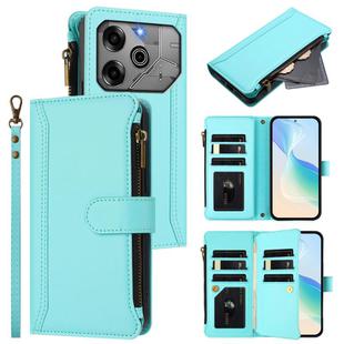 For Tecno Pova 6 5G / 6 Pro 5G Magnetic Closure 9 Card Slots Zipper Leather Case with Hand Strap(Mint Green)