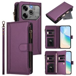 For Tecno Pova 6 5G / 6 Pro 5G Magnetic Closure 9 Card Slots Zipper Leather Case with Hand Strap(Purple)