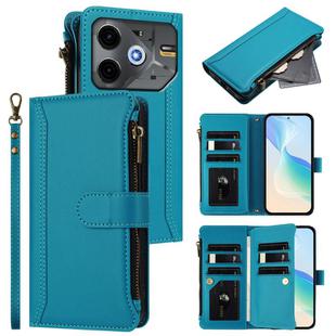 For Tecno Pova 6 Neo 5G Magnetic Closure 9 Card Slots Zipper Leather Case with Hand Strap(Turquoise)