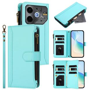 For Tecno Pova 6 Neo 5G Magnetic Closure 9 Card Slots Zipper Leather Case with Hand Strap(Mint Green)