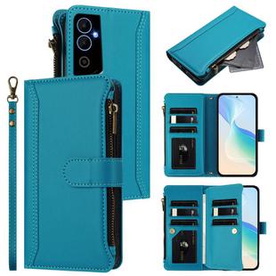 For Tecno Pova Neo 2 Magnetic Closure 9 Card Slots Zipper Leather Case with Hand Strap(Turquoise)