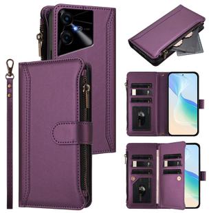 For Tecno Pova Neo 3 Magnetic Closure 9 Card Slots Zipper Leather Case with Hand Strap(Purple)
