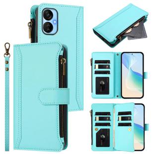 For Tecno Spark 9T / Spark 9 Pro Magnetic Closure 9 Card Slots Zipper Leather Case with Hand Strap(Mint Green)