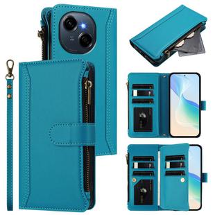 For Tecno Spark Go 1 / 1S / Pop 9 Magnetic Closure 9 Card Slots Zipper Leather Case with Hand Strap(Turquoise)