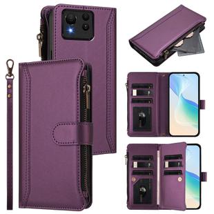 For Asus Zenfone 11 Ultra Magnetic Closure 9 Card Slots Zipper Leather Case with Hand Strap(Purple)