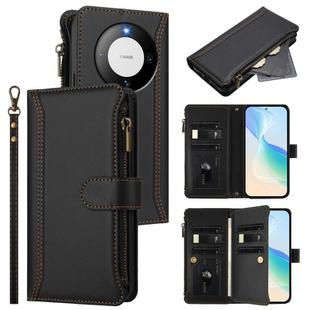 For Huawei Mate 60 Magnetic Closure 9 Card Slots Zipper Leather Case with Hand Strap(Black)