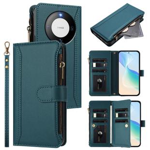 For Huawei Mate 60 Magnetic Closure 9 Card Slots Zipper Leather Case with Hand Strap(Dark Green)