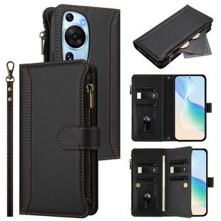 For Huawei P60 Art Magnetic Closure 9 Card Slots Zipper Leather Case with Hand Strap(Black)