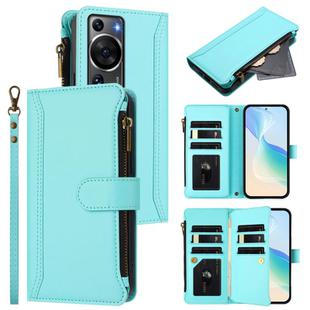 For Huawei P60 / P60 Pro Magnetic Closure 9 Card Slots Zipper Leather Case with Hand Strap(Mint Green)