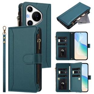 For Huawei Pura 70 Pro 5G / 70 Pro+ 5G Magnetic Closure 9 Card Slots Zipper Leather Case with Hand Strap(Dark Green)