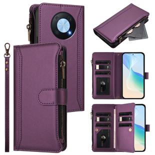 For Huawei Enjoy 50 Pro 4G Magnetic Closure 9 Card Slots Zipper Leather Case with Hand Strap(Purple)