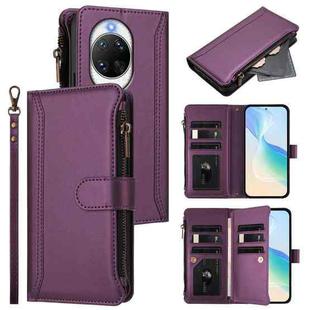 For Huawei nova 14 Ultra Magnetic Closure 9 Card Slots Zipper Leather Case with Hand Strap(Purple)